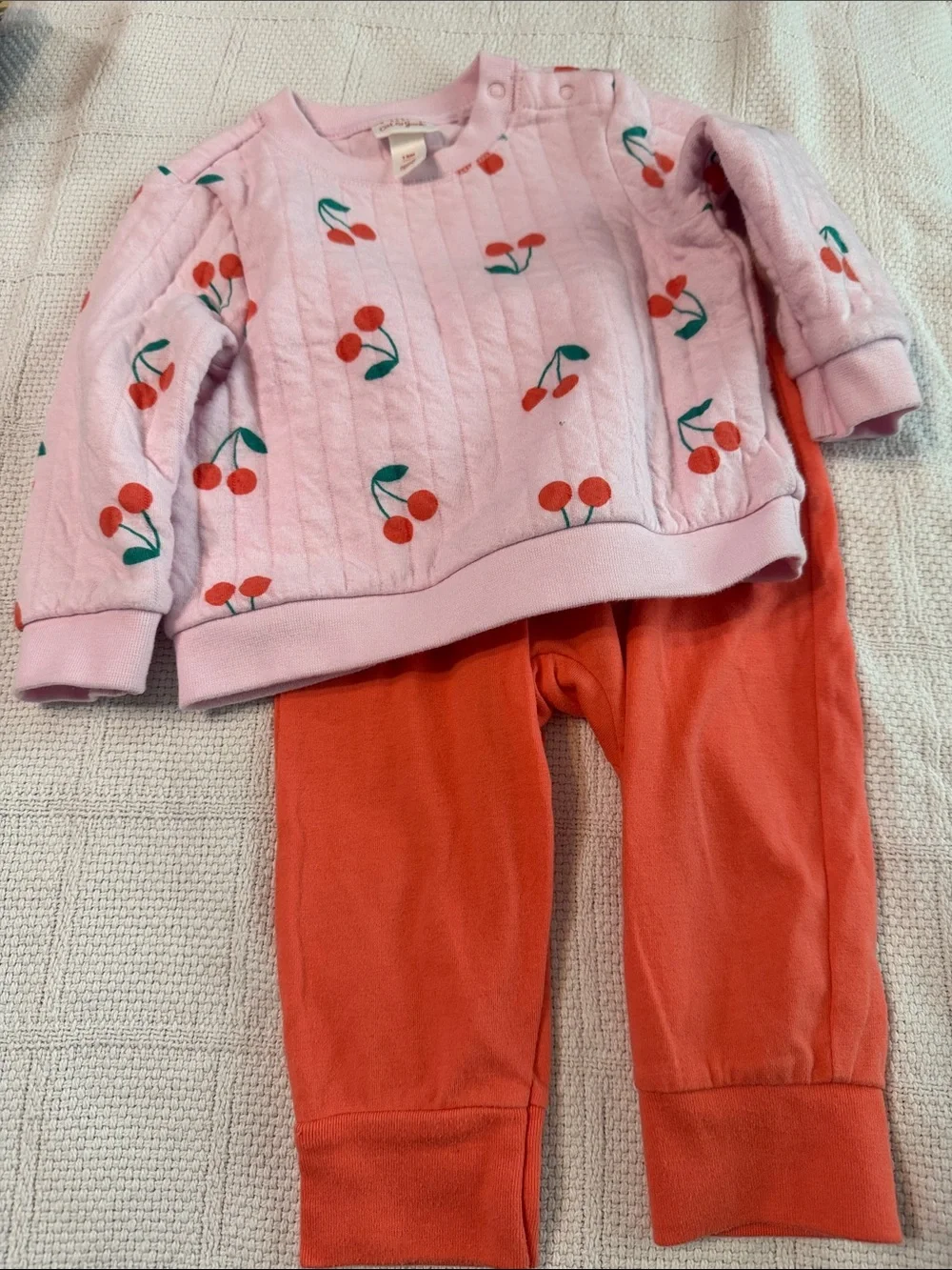 Cat & Jack Pink Cherry Print Pullover and Coral Pants Matching Set